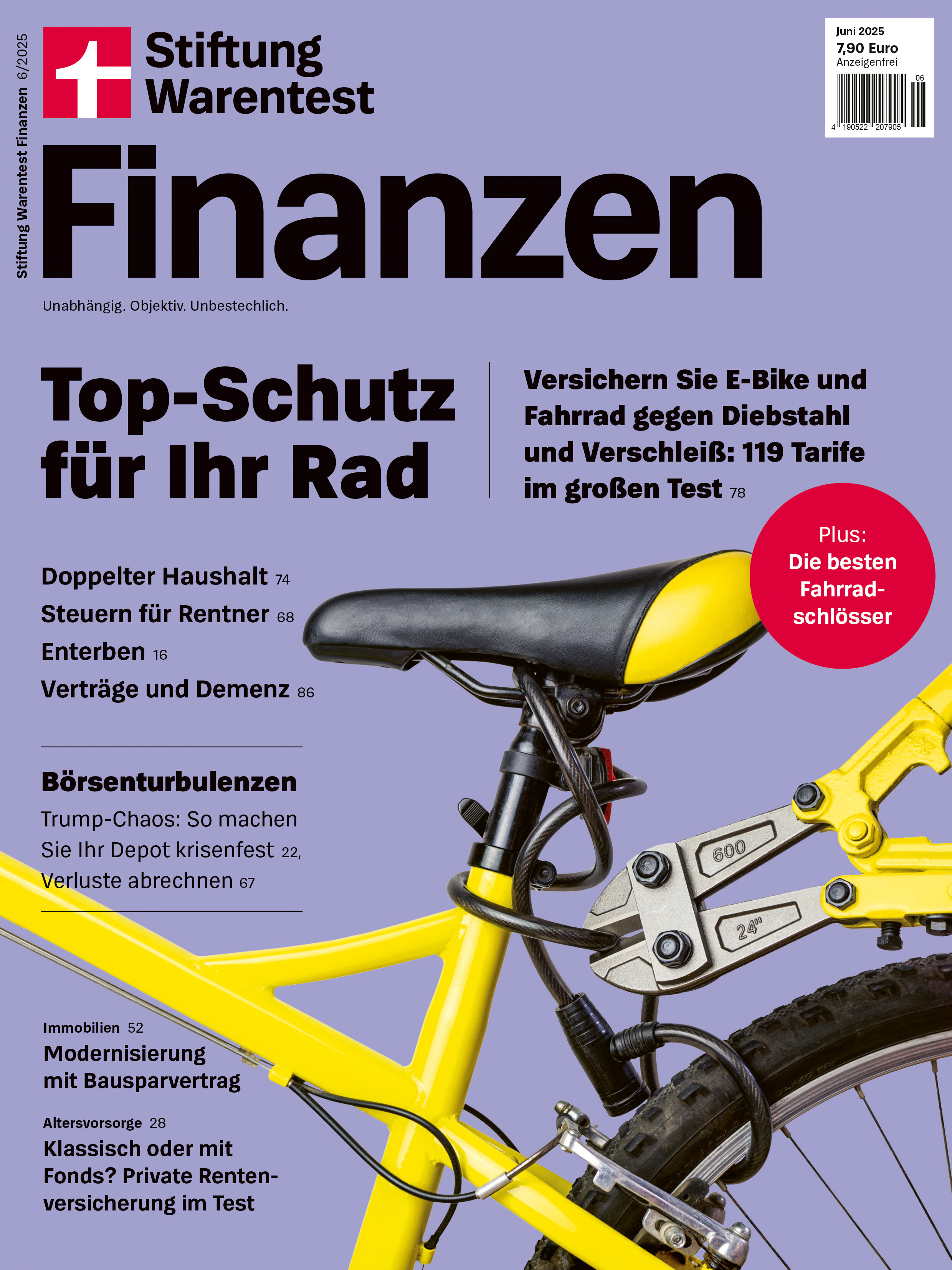 Stiftung Warentest Finanzen 06/2025: Top-Schutz für Ihr Rad: Versicherungen für Fahr­rad und E-Bike im großen Test