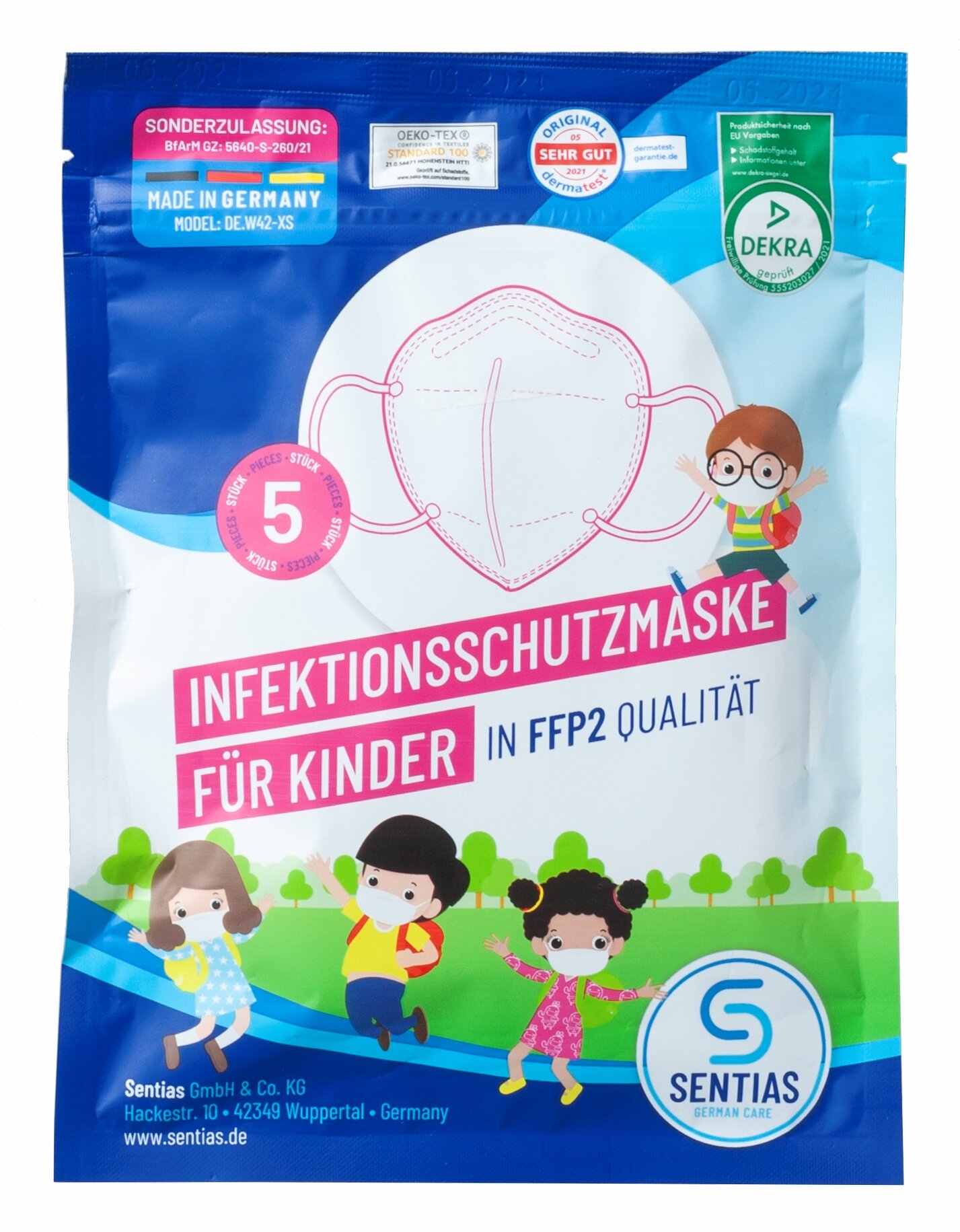 Sentias Infektionsschutzmaske für Kinder in FFP2 Qualität DE.W42-XS Verpackung