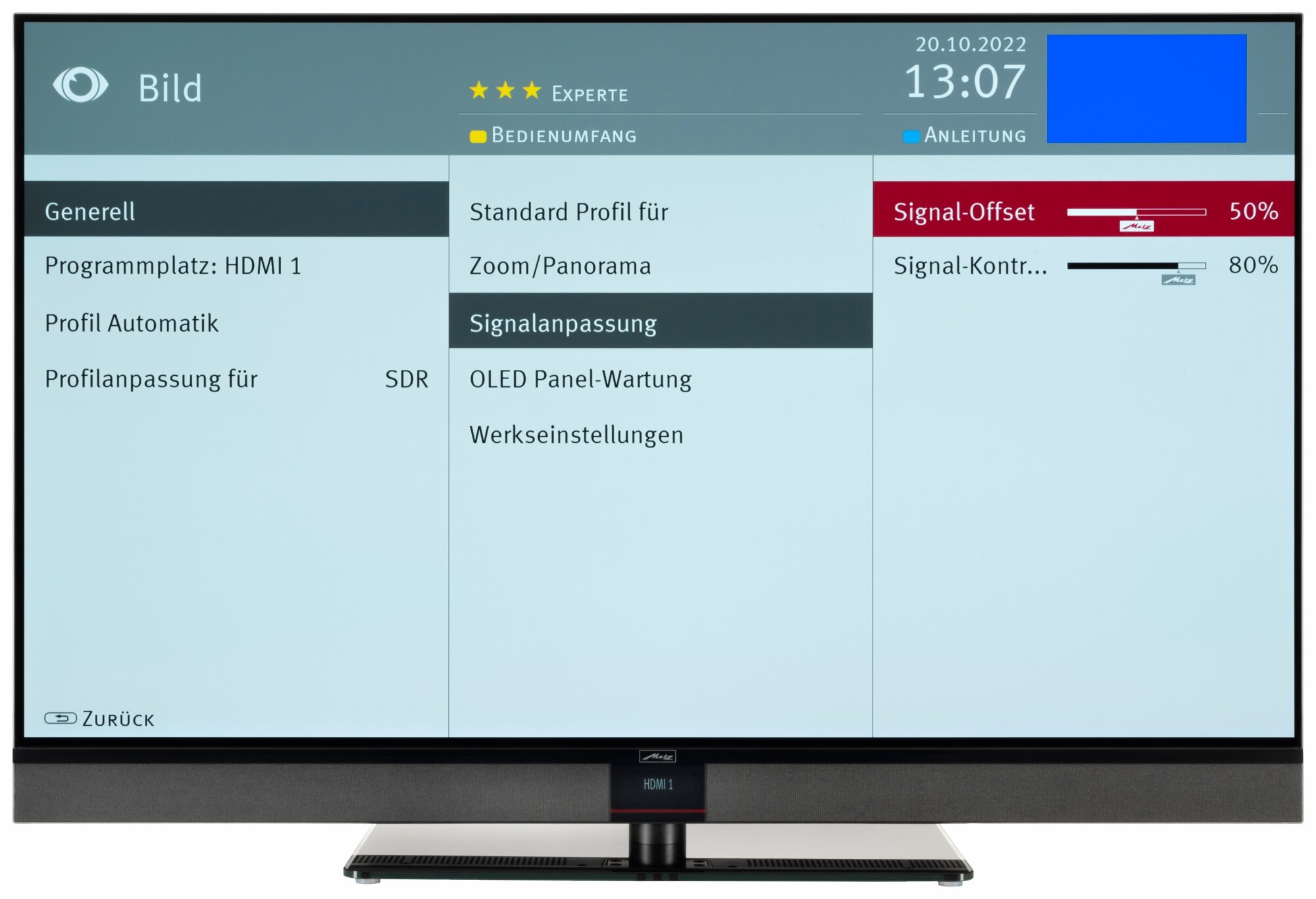 Metz Aurus 55 TY88 Oled twin Bildschirmmenü