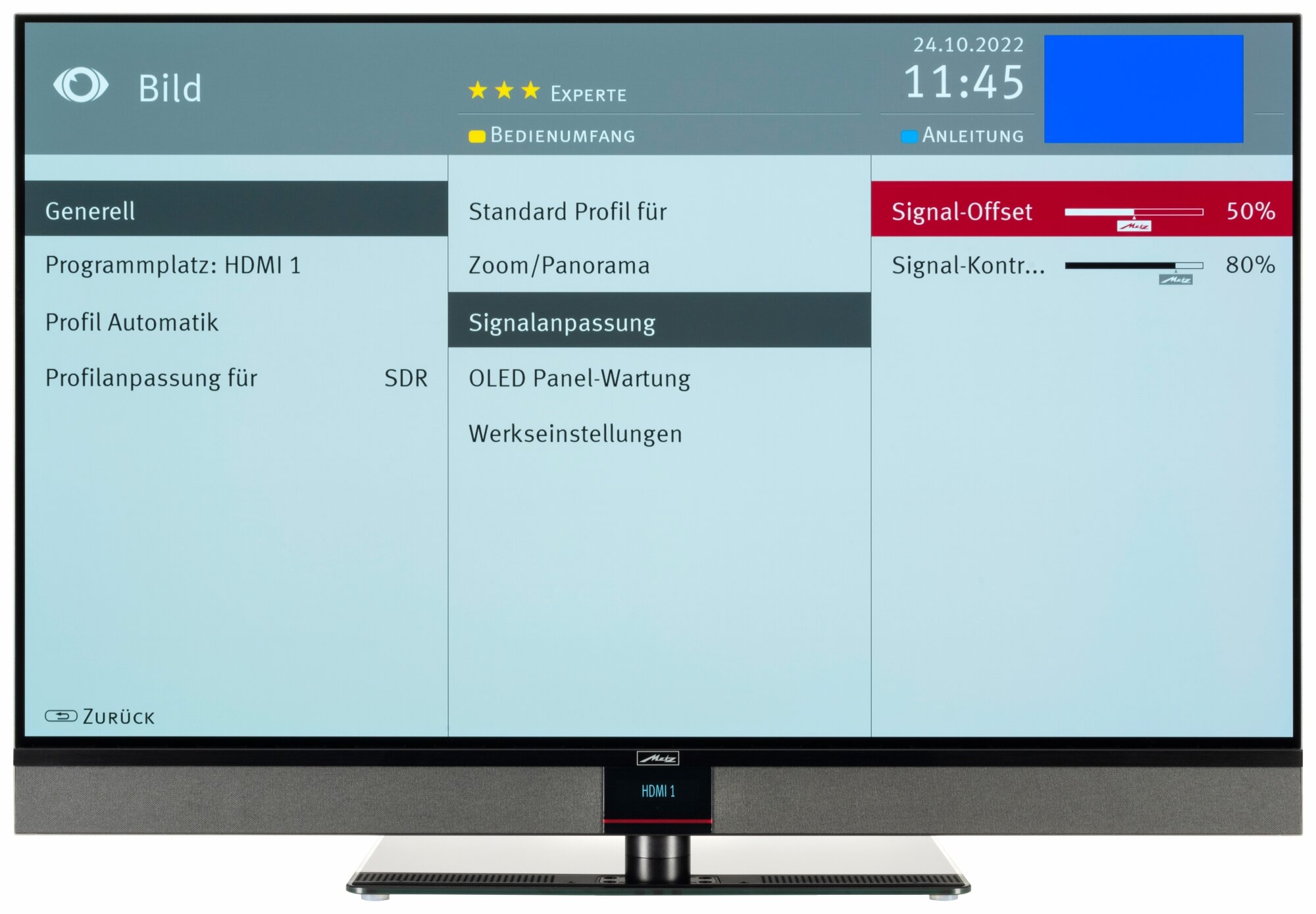 Metz Aurus 48 TY88 Oled twin Bildschirmmenü